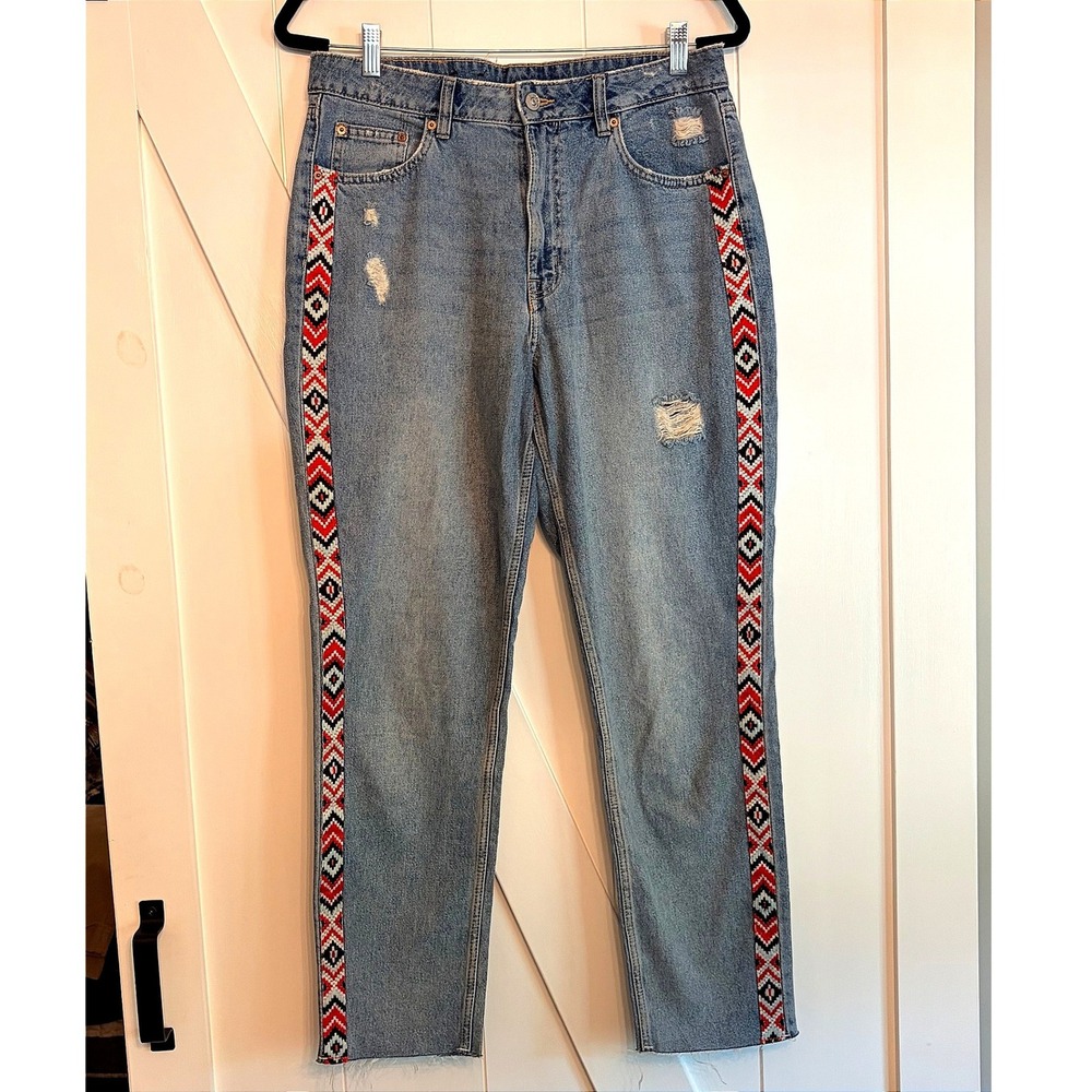 H&M Divided Sz 12 Embroidered Side Stripe Distressed Straight Leg Jeans Frayed